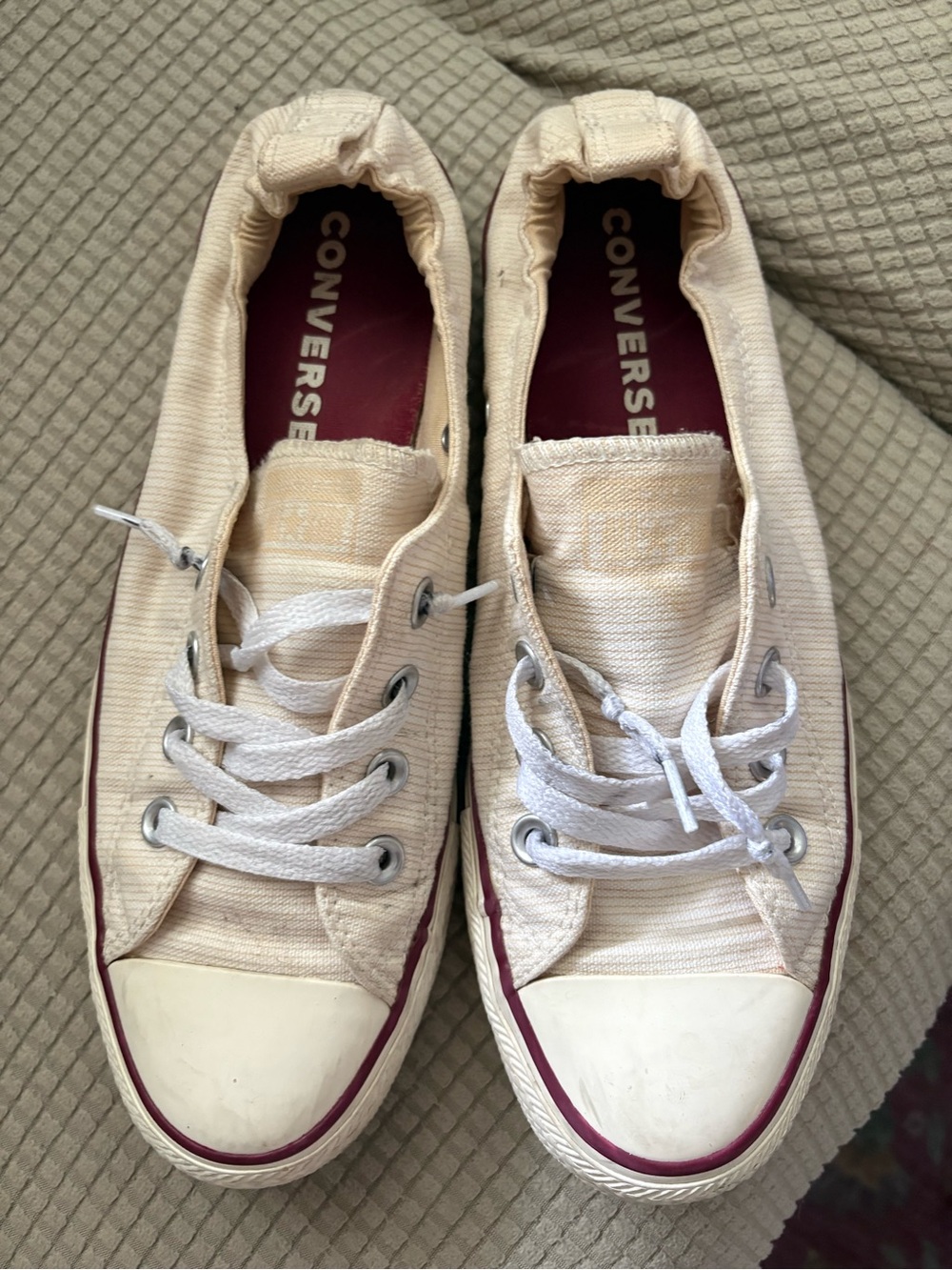 Converse Low Top Canvas Sneakers in Cream with Maroon Accents 10